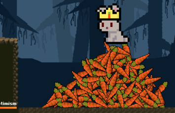 A rabbit wearing a crown and sitting on a pile of carrots.  This is the carrot lord and he is in the boss fight from the game.