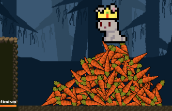A rabbit wearing a crown and sitting on a pile of carrots. This is the carrot lord and he is in the boss fight from the game.
