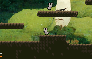 A picture of some platforms leading to another area of the videogame.  There are rabbits on the platforms.