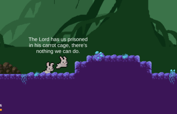 A picture of two rabbits meeting in the game.  One rabbit is complaining about the carrot lord.
