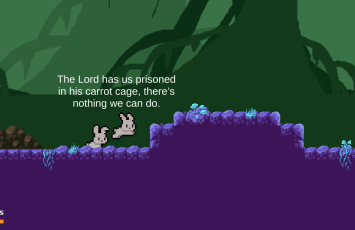 A picture of two rabbits meeting in the game. One rabbit is complaining about the carrot lord.