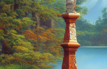 Card in the game, of a painting of a Person on a pedestal in a lake